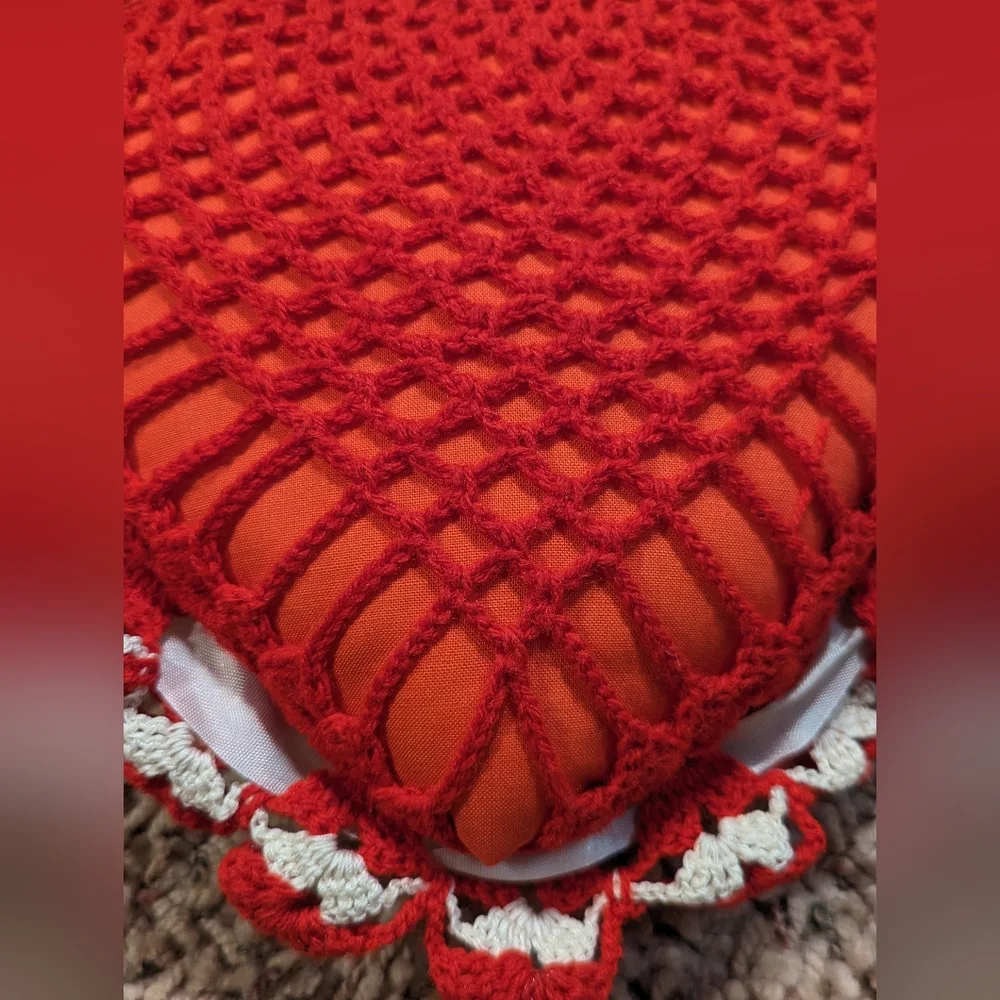 Vintage 1” Heart Pillow Crocheted  Satin‎ Ribbon Handmade Valentine Cottage Core